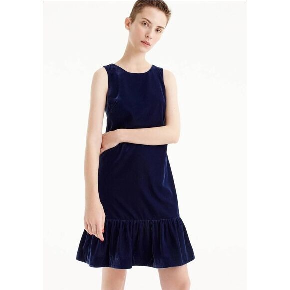 J. Crew Dress Size 2 Blue Velvet Ruffle Hem Sleeveless Party Holiday - Picture 7 of 8